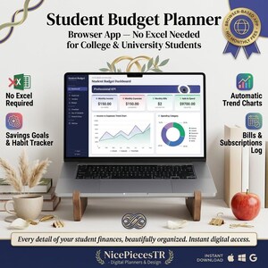 May include: A laptop displaying a Student Budget Planner dashboard on a wooden stand. The screen shows financial data, charts, and text including Student Budget Planner, No Excel Required, Savings Goals, and Automatic Trend Charts.