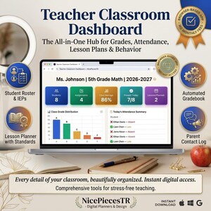 May include: A digital teacher classroom dashboard displayed on a laptop screen, featuring tabs for students, assignments, class average, attendance, and lesson plans. The interface includes a class grade distribution bar chart and an attendance summary.