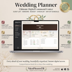 Op de afbeelding: Een digitale trouwplanner weergegeven op een laptopscherm, met een dashboard voor gastenlijsten, leveranciers, budget en checklists. De interface bevat tekstlabels voor het bijhouden van RSVP's, planningen en notities op een beige achtergrond.