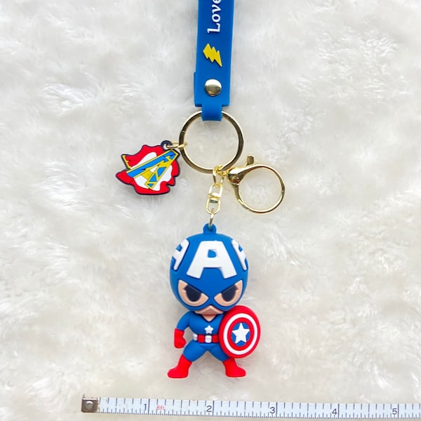 Captain America blue key chain Avengers symbol charm gold chain cute bag purse small shield American flag