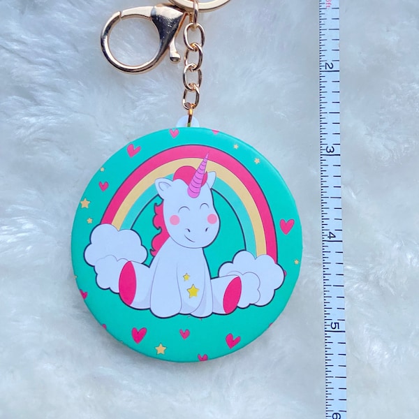 Espejo verde sentado unicornio llavero nube lindo regalo divertido encanto bolsa moneda coche anillo teléfono Accesorios cabeza colorido rubor fantasía mágica