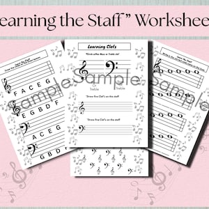 May include: Three white educational music worksheets titled Learning the Staff and Learning Clefs. The pages feature black musical staves, treble and bass clefs, and note names including FACEG and GBDF. The background has a light pink overlay.