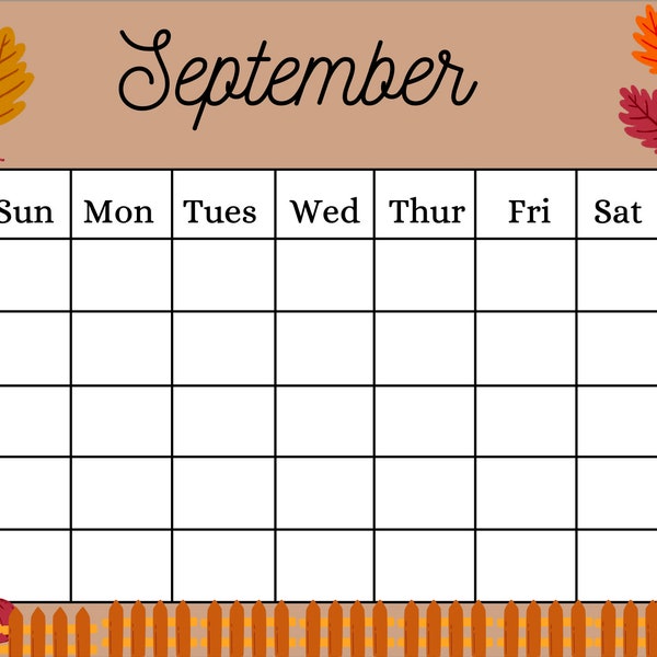 Fall Calendar, September Calendar, Monthly Calendar, Digital Download, Digital Calendar, Printable, Digital Download, Editable Calendar