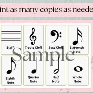 Peut inclure: Une fiche pédagogique imprimable présentant huit cartes rectangulaires avec des symboles musicaux noirs et des étiquettes incluant Staff, Treble Clef, Bass Clef, Sixteenth Note, Eighth Note, Quarter Note, Half Note et Whole Note. Le texte indique Print as many copies as needed.