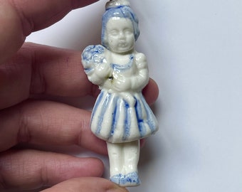 unique Limoges porcelain charm pendant charm Delft blue pop Girl frozen Charlotte blue and white delftware vintage victorian vieux Paris