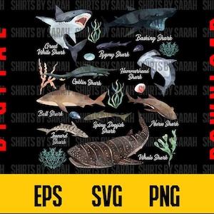 Tubarão SVG Digital Download Aquarela Tubarão PNG Tipos de Tubarões EPS Ilustrado Catálogo de Tubarões Impressão Educacional Sublimação Instantânea Tigre