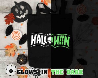 Glow In The Dark Trick Or Treat Bag Horror Theme Skull Cotton Canvas Typography Handled Tote Gift For Kids Costume Accessory