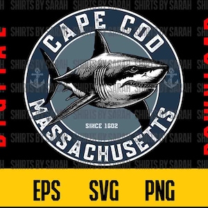 Cape Cod SVG Massachusettes Grand requin blanc PNG téléchargement numérique de masse Logo Design nautique vacances fichiers impression sublimation eps instantanée
