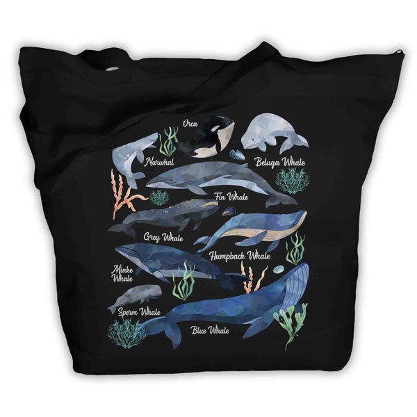 Whale Tote Bag Watercolor Whale Bag Types Of Whales Orca Blue Beluga Illustration Illustrated Zip Top Biologist Whale Gift Idea Zippered