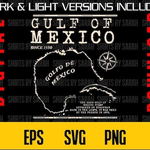 May include: Black and white digital download of a vintage map of the Gulf of Mexico. The map is surrounded by a black border with the text "Gulf of Mexico" and "Since 1550" in white. The text "Digital Download" is in red on the right side of the image. The text "EPS SVG PNG" is in white on a yellow background at the bottom of the image.