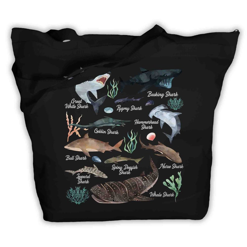 Shark Tote Bag Watercolor Shark Bag Types Of Species Biologist Shirt Illustrated Fish T Shirt Shark Gift Idea Zip Top image 1