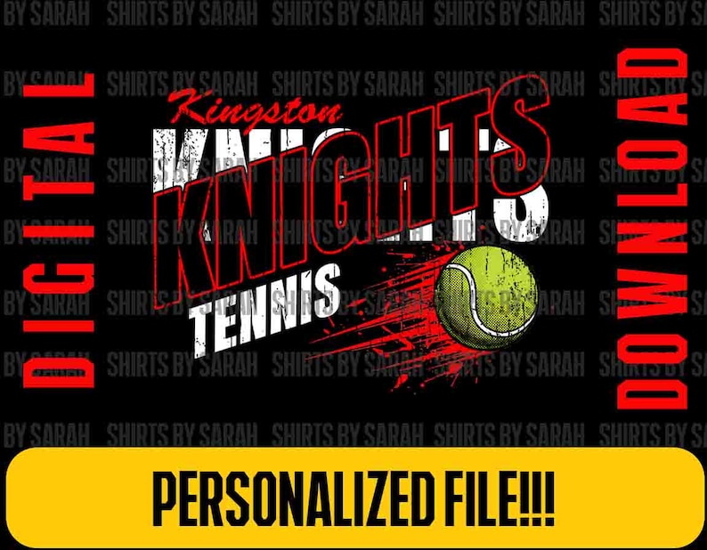 Puede incluir: Gr&aacute;fico de descarga digital negro con el texto "Kingston Knights Tennis" en blanco y rojo. Se presenta una pelota de tenis con rayas rojas. Tambi&eacute;n est&aacute;n presentes las palabras "Descarga digital" y "Archivo personalizado!!!".