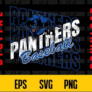 May include: Black digital download graphic with the text "Panthers Baseball" and a blue panther illustration. The word "Panthers" is in white and blue, with the word "Baseball" in blue. The image also includes "EPS SVG PNG".