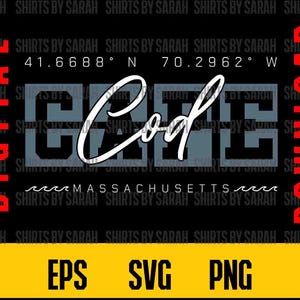 Cape Cod SVG Massachusettes Coordonnées GPS PNG Téléchargement numérique de masse Logo Design nautique vacances Couper des fichiers Impression Sublimation eps Instant