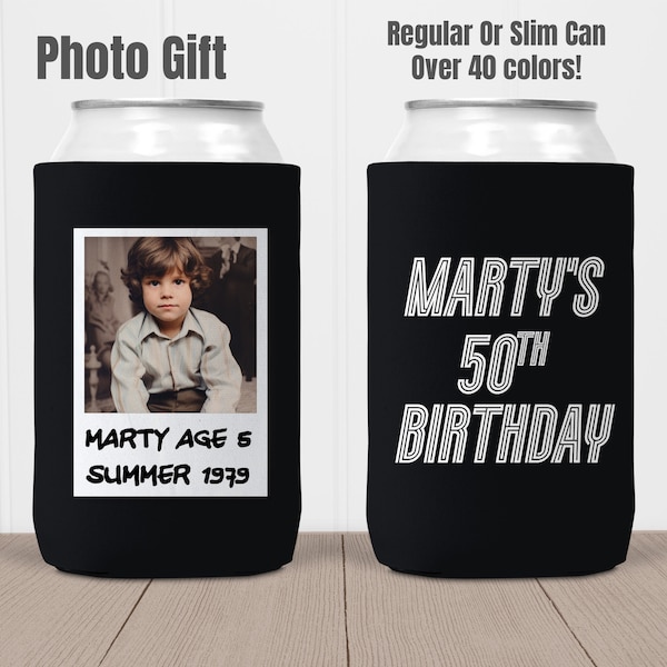 50th Birthday, Photo Can Cooler, Can Holder, Soda Can, 50th GIft, 50th Cozie, Photo Party Favor, Group Can Coolers, Personalized Photo Gift,