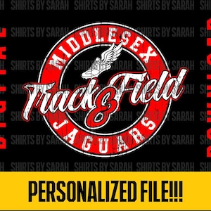 Op de afbeelding: Digitaal downloadontwerp met een verweerd rood en wit "Middlesex Track & Field Jaguars" logo met een gevleugelde hardloopschoen op een zwarte achtergrond. Bevat de tekst "PERSONALIZED FILE!!!".