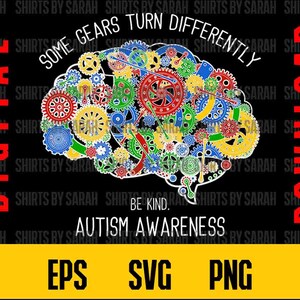 Autisme bewustzijn SVG digitale download divergente ontwerp clipart Brain Gears anders draaien PNG Eps uniek shirt design bestand sublimatie