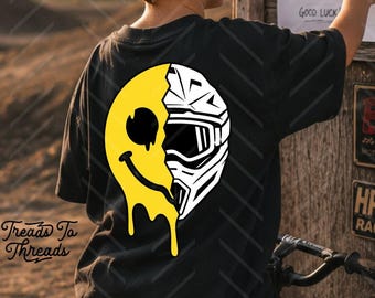 Dripping Smiley Face Motocross Helmet Shirt | Retro Dirt Bike Racing Tee | Trendy Graphic Streetwear Tshirt | Neon Goggles Moto Rider Gift