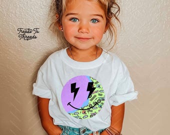 Colorful Dirt Bike Pattern Smiley Face, Kids Short Sleeve Tee, Dirt Bike Racing Theme, Motocross T-Shirt, Cute Girl Dirt Bike Shirt