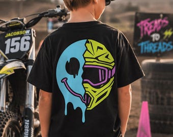 Dripping Smiley Face Motocross Helmet Shirt | Retro Dirt Bike Racing Tee | Trendy Graphic Streetwear Tshirt | Neon Goggles Moto Rider Gift