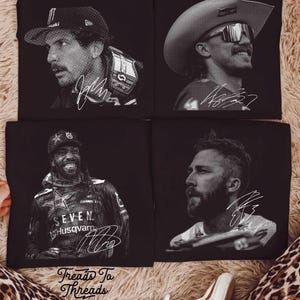 May include: Four black t-shirts with grayscale portraits of men, each with a signature. One man wears a baseball cap, another a cowboy hat, and a third a Husqvarna jacket. The text "Treads To Threads" is at the bottom.