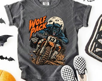 Wolf Pack Kids Motocross Shirt, Werewolf Dirt Bike Tee, Halloween Moto Shirt, Comfort Colors Youth Tee, Boys Fall Dirt Bike Shirt