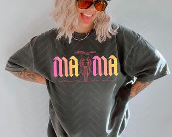 Mama Dirt Bike Graphic T-Shirt | Hand-drawn, Line Art Bike, Gothic Script, Pink Orange Fade, Motorcycle Tee, Moto Mama