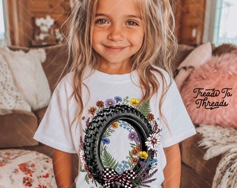 Wildflower Dirt Bike Tire Youth Tee, Floral MotoX Racing Shirt