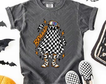 Kids Halloween Motocross Shirt, Comfort Colors Youth Tee, Braaap Checkered Ghost Shirt, Dirt Bike Halloween Tee, Moto Kids Shirt