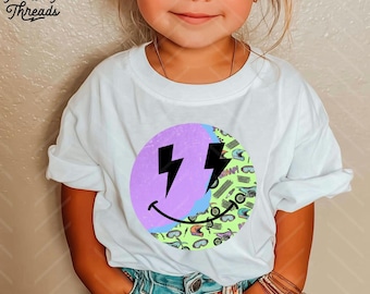 Colorful Dirt Bike Pattern Smiley Face, Kids Short Sleeve Tee, Dirt Bike Racing Theme, Motocross T-Shirt, Cute Girl Dirt Bike Shirt