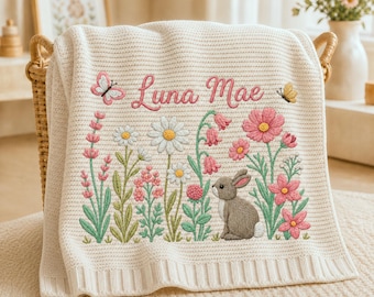 Personalized Floral Embroidered Baby Blanket : Organic Cotton Knit with Embroidered Name