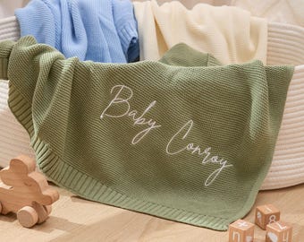 Coperta per neonati ricamata personalizzata, morbida maglia di cotone biologico, coperta personalizzata con nome e data, regalo di famiglia per neonati