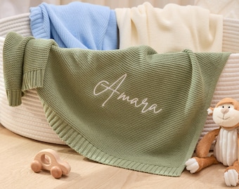 Welcome Baby with Love: op maat geborduurde babynaamdeken, gebreide deken van biologisch katoen, gepersonaliseerd aandenken voor pasgeborene