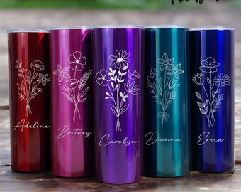 Individuell gravierter Reisebecher, personalisierter 20oz Skinny Tumbler, Blumenbecher, isolierter Becher, Becher mit Stroh, Geschenk für Sie