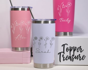 Gobelet isolé personnalisé de 20 oz, tasses de voyage personnalisées, gobelet de demoiselle d’honneur avec paille, cadeau de fête nuptiale, gobelet de fleur de naissance familiale