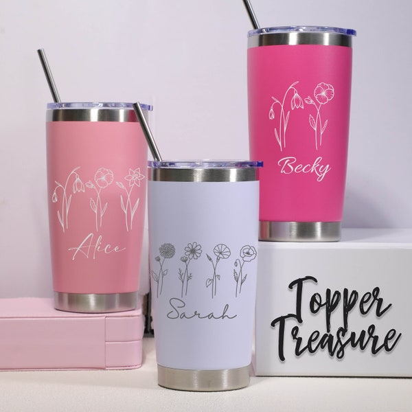 Aangepaste 20oz geïsoleerde Tumbler, gepersonaliseerde reisbekers, bruidsmeisje Tumbler met stro, bruidsfeestcadeau, familie geboorte bloem Tumbler