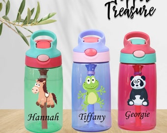 Botella personalizada para niños, botella de agua para niños de 16 oz, botella de paja a prueba de fugas, regalo de regreso a la escuela, vaso con diseño de animales, artículos de bebida duraderos para niños