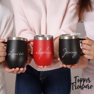 Engraved 12oz Insulated Name tumbler, Personalized Coffee Mug, Cup with Handle, Insulated Travel Cup, Christmas Gift, Holiday Coffee Mug