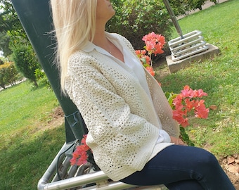 Ecru Glitter Cardigan, Baumwolljacke, Strickjacke, Häkeljacke, Damenstrickpullover, Sommerjacke, Geschenk für Frauen