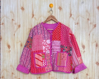 cotton hand made kantha jacket quilted jacket HandMade Vintage Quilted Jacket , Coats , New Style, Boho Pink Rainbow