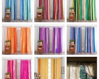 LIVRAISON GRATUITE - Rideaux indiens vintage en tissu de soie sari, rideau décoratif bohème hippie fait main, rideau en patchwork de décoration de chambre, décoration de fenêtre