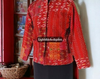 Kantha Stitch Red Silk Jacket, Recycled Jacket, Handstitched Jacket, Red Silk Jacket, Quilted Silk Jacket, Upcycled Jacket, Ethically made