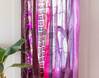 Rideau indien vintage en vieille soie Sari, 2 pièces, fait à la main, violet, décor de porte fenêtre, rideau Patchwork, rideau de porte fenêtre de maison