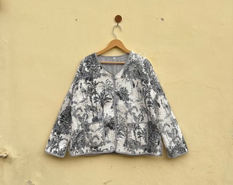 Jungle Print Vintage recycle silk sari quilted jacket, Cotton Blend Jacket , Winter jacket for Women , Boho Coats