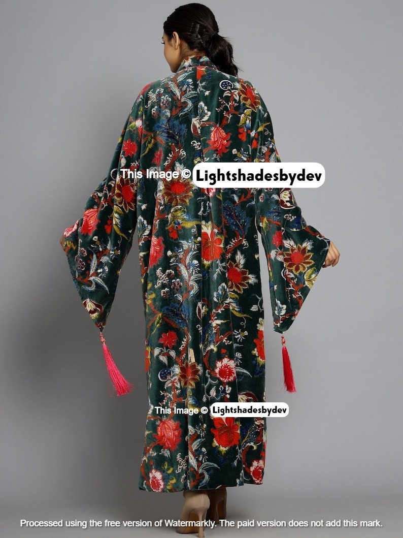 Kimono en velours vert OFMD en tissu banian, robe longue en velours de coton, kimono original OFMD avec glands image 3