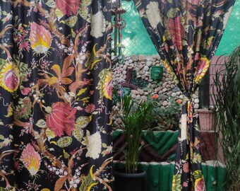 Black Vintage Floral Curtain, Set Of Two Panels, Boho Drapes, with Matching Tie Back. Can Be Customised to Blackout Drapes