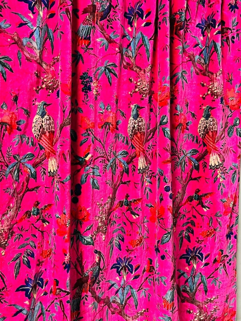 Vintage Cotton Velvet Hot Pink Color Bird Print Luxury Curtain, Boho