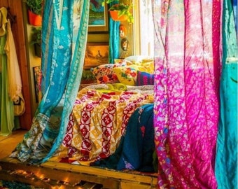 Tissu indien vintage en soie ancienne sari fait main rideau multicolore porte fenêtre décor upcyclé rideau maison porte fenêtre rideau