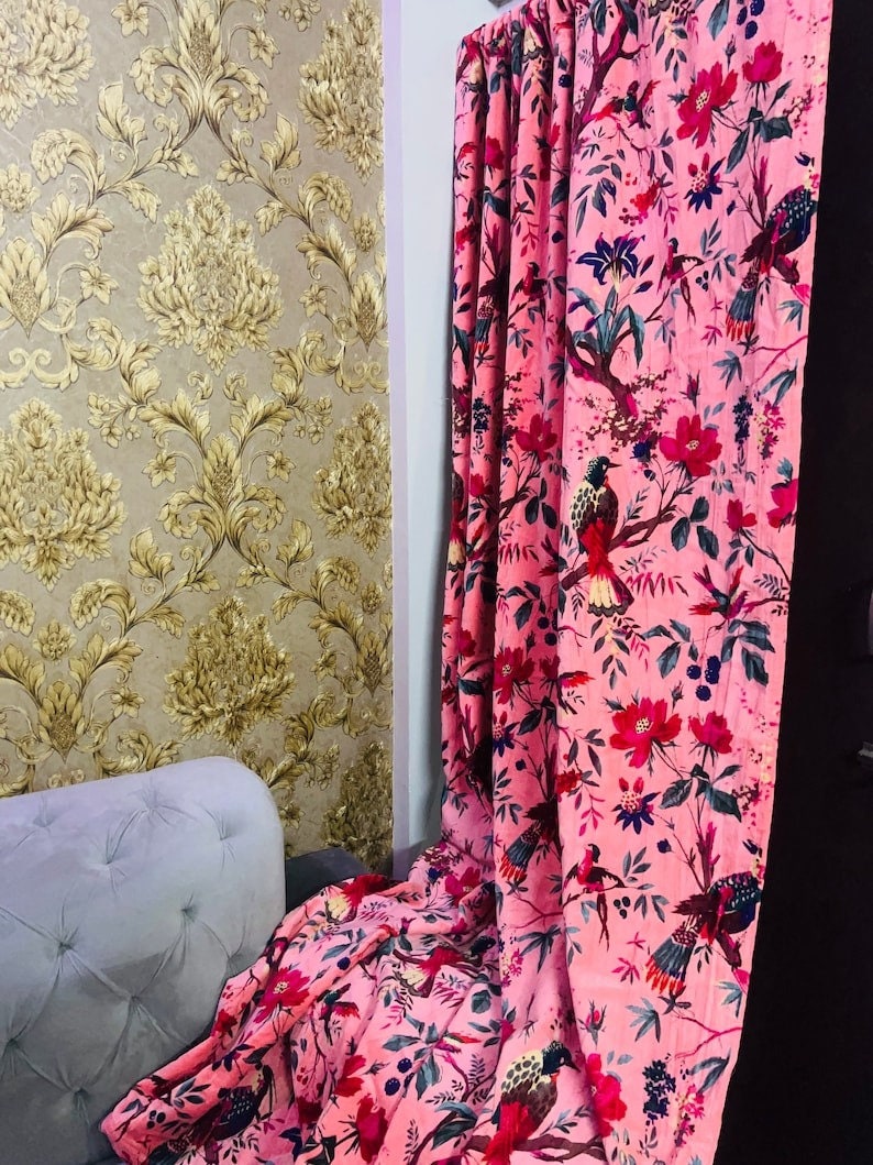 Vintage Cotton Velvet Peach Pink Color Bird Print Luxury Curtain, Boho
