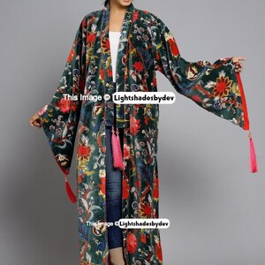 Kimono en velours vert OFMD en tissu banian, robe longue en velours de coton, kimono original OFMD avec glands image 6